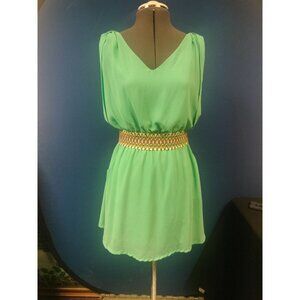Green Sleeveless V-Neck Dress W/ Colorful Elastic Waistband & Back Tie Closure W